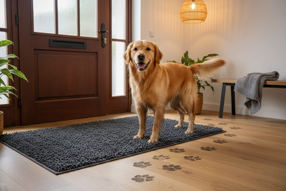 Hond met modderige poten stapt op de PawPerfect Deurmat in een Belgische hal